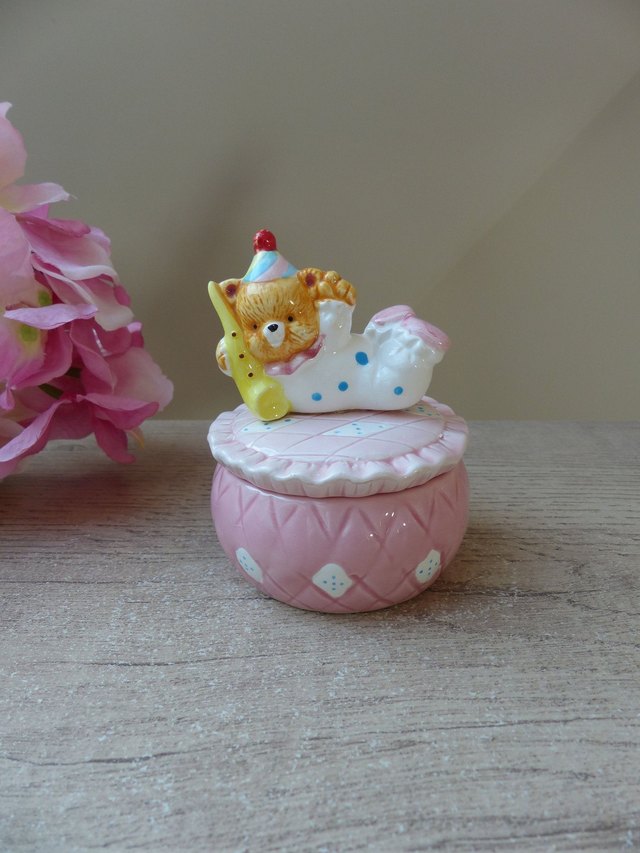 Petite boite à bijoux rose en céramique motif ourson, boite à bijoux ours musicien anniversaire fête décoration chambre d'enfant cadeau bébé