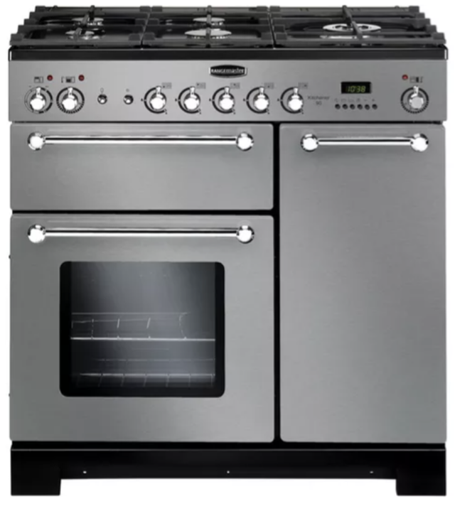 RANGEMASTER Kitchener 90 Dual Fuel Range Cooker - Stainless Steel &amp; Chrome
