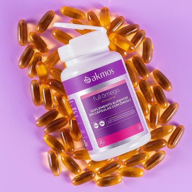 Akmos: FULL ÔMEGA (Vit. E; Peixe, Linhaça,  Prímula e Borragem) 60 cáps