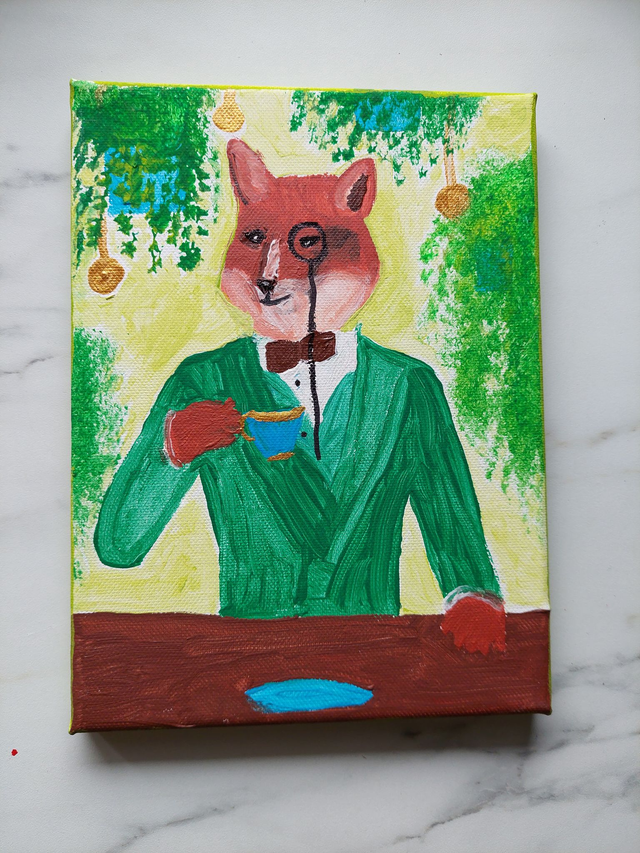 Kettu teellä Akryyli, sekatekniikka, canvaspohja Koko: 18 x 24 cm Leikkisä kettu teekutsuilla, missä höyry nousee tarinoista 