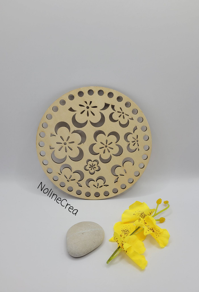 Base ronde en bois sculpté fleurs, base ronde bois 15 cm pour crochet
