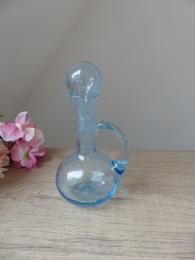 Ensemble Huilier et Vinaigrier en Verre Bullé Soufflé – Verrerie de Biot – Artisanat Français Signé – Bleu Aqua Vintage – Décoration Table