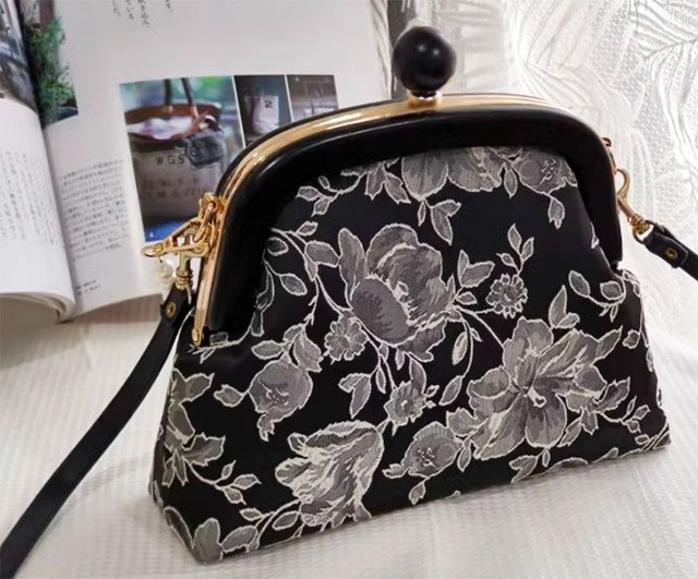 Black and Silver Flowers - Wooden Handle Bag