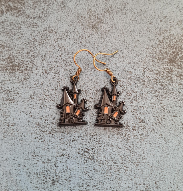 Earrings Spooky Haunted House Black Enamel 