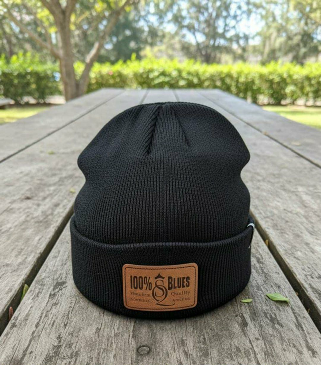 Beanie 100% Blues with Leatherette Patch