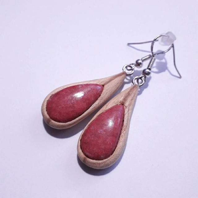 Thulite Earrings with Hand Carved Palo Santo Wood 