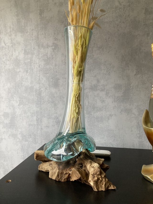 Glasvase auf Teakwurzel groß schmale Ausführung No.3942