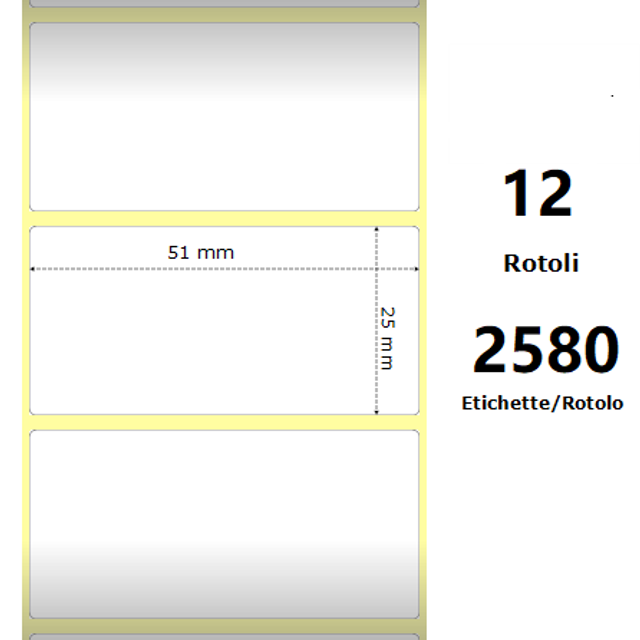 White 51x25mm |  2580 Et/Rotolo Z-2000D |  2x1x1 Core |  12 Rolls