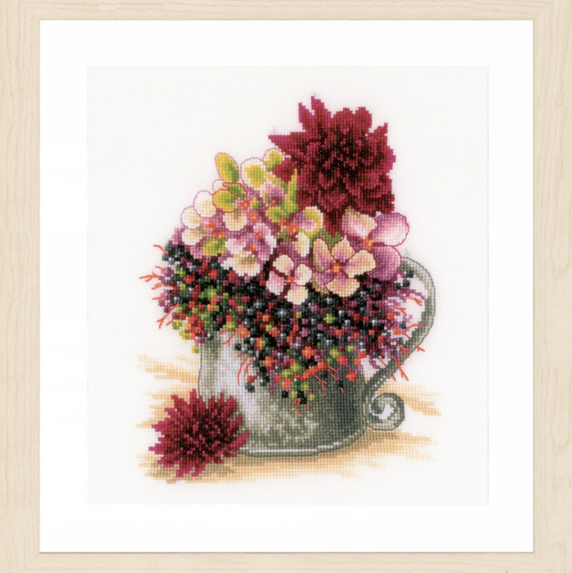 Counted Cross Stitch Kit: Pink Blush Bouquet (Linen) by Lanarte.
