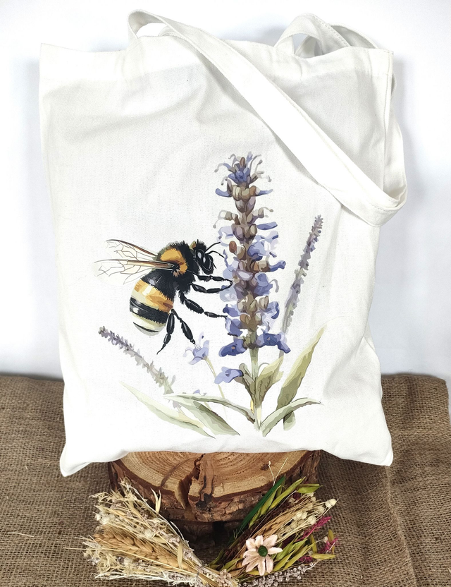 Trendy Bee & Lavender Floral Print Tote Bag