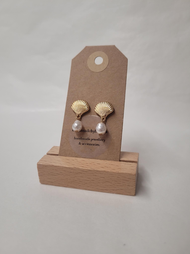 Shell Charm Drop Stud Earrings With Pearl Bead - Gold Plated - HBH-028