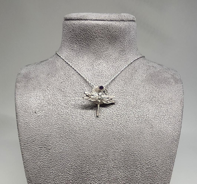 Dragonfly fine silver pendant with amethyst cubic zirconia