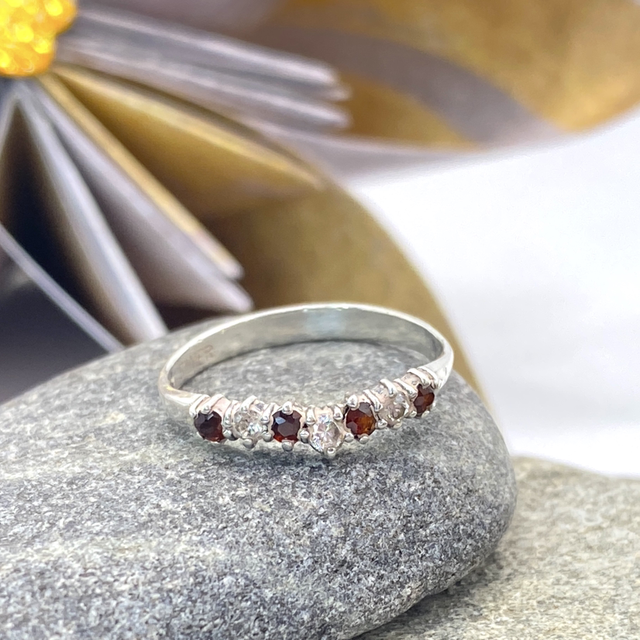 REFURBISHED Garnet and Clear CZ Half Eternity Vintage Ring in Sterling Silver Size M 1/2