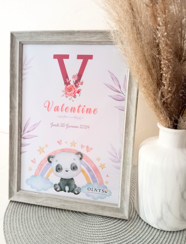 Affiche Naissance Prénom (personnalisable) - Panda & arc-en-ciel