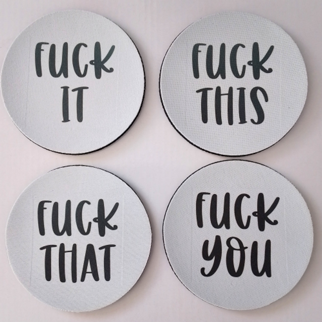 Rude Funny Set of 4 F It, F This, F That, F You Rubber Backed Non Slip Round Coasters