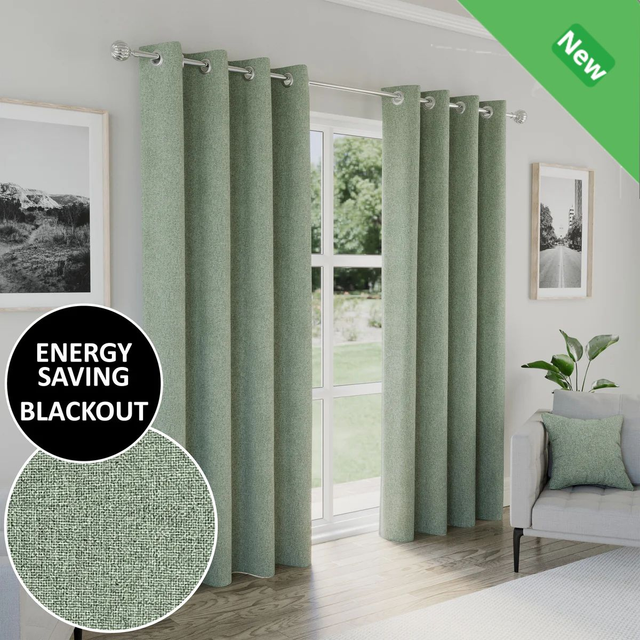Enhanced Living Austin Green 100% Blackout Textured Linen Look Readymade Eyelet Curtains