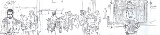 Dibujo Biblioteca Bidebarrieta y Café Iruña (Bilbao)