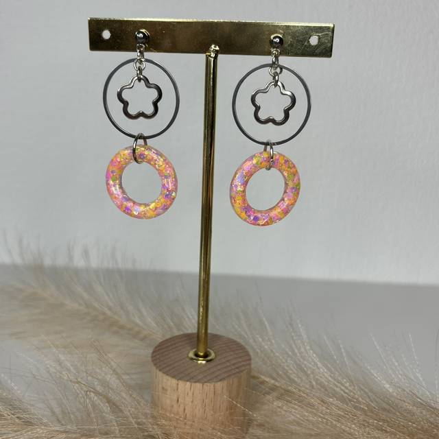 Boucles d’oreilles paillettes jaune et rose