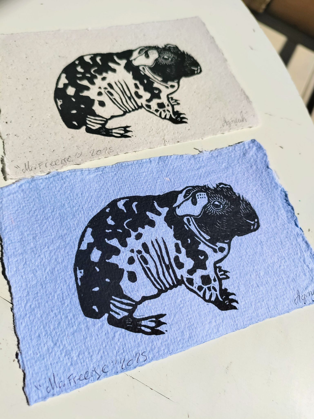 linogravure " MR.Freeze" , cochon d'inde skinny 10X15 cm - BLEU