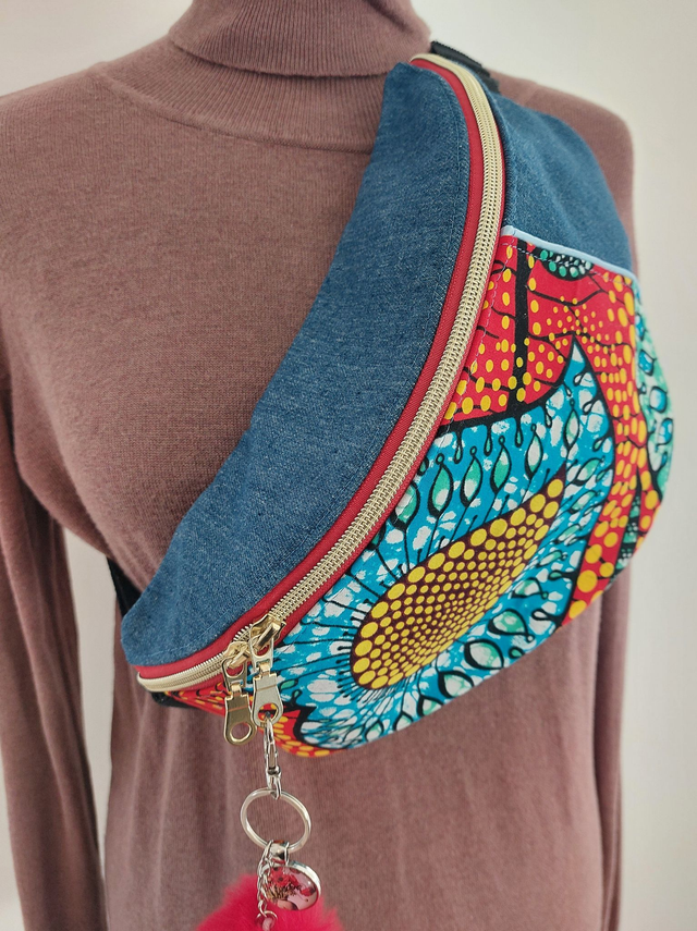 Sac banane en Jeans et Wax