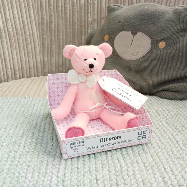 Blossom. Small size, handmade teddy bear. UKCA. Tray base packaging. Standard Wool Felt. Baby pink. Mid pink. Cream.