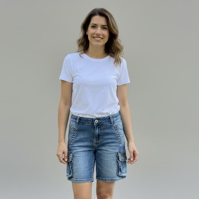 Bermuda Femme Place du Jour Bleu délavé à poches Cargo et rivets