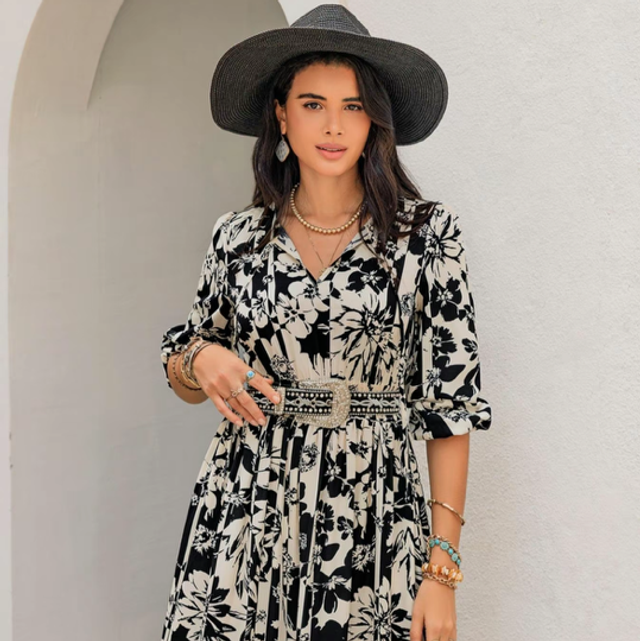 Robe trapèze à imprimer floral pour femmes,ourlet à volant et col noué,robe longue à manches !