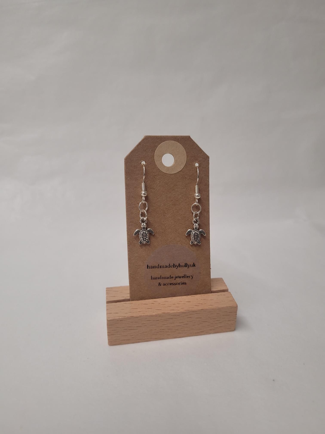Small Turtle Charm Drop Earrings - Silver Plated - HBH-024