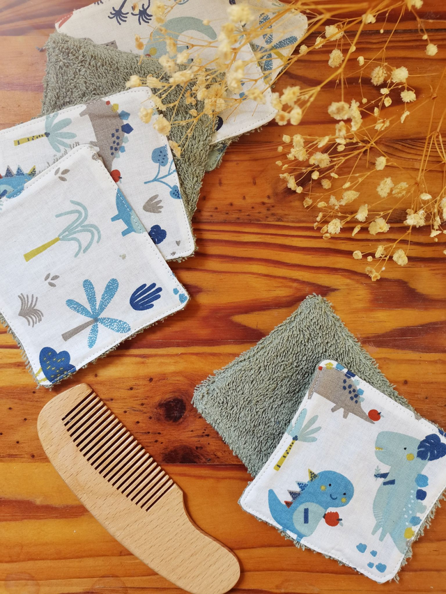 Lot de 8 cotons lavable Dino sauge