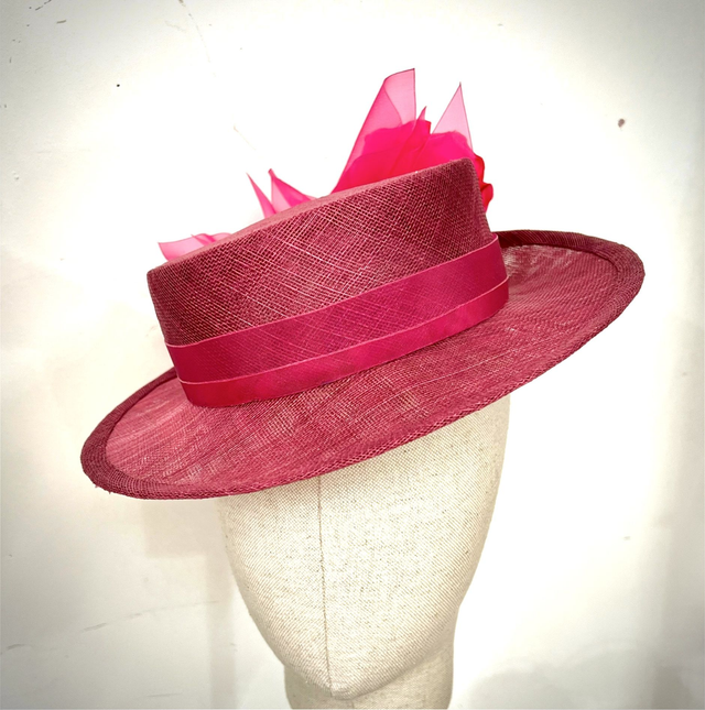 Magenta sinamay boater trimmed with 2 fuschia silk satin rosebuds and crinoline