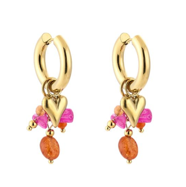 Oorbellen kralen met parel en hartje fuchsia 