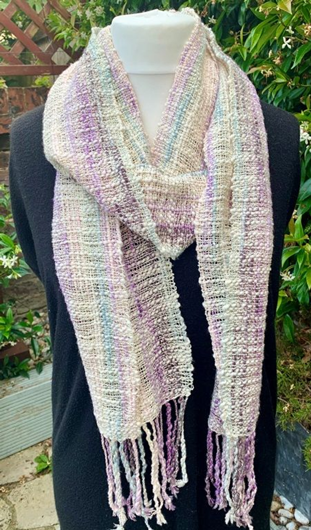 Handwoven Summer Scarf in Pale Yellow/Purple, Vegan  
