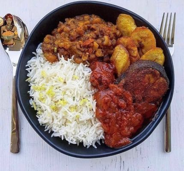 Rice , Beans Plantain and Beef Stew Meal  