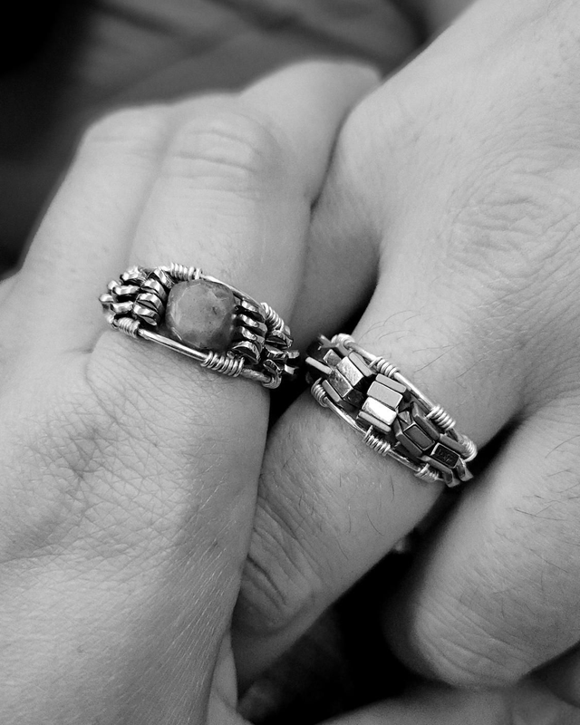 Bague N°7 Argent 925, Labradorite & Hématites Dorées - Anneau Double