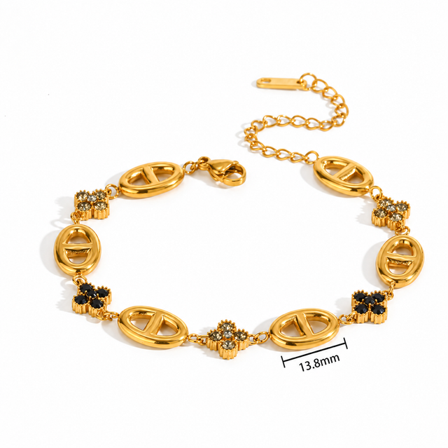 Bracelet maille marine et fleurs blanc et noir