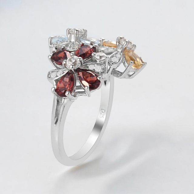 Mozambique Garnets & Multicoloured Gemstones Platinum Filled Ring.