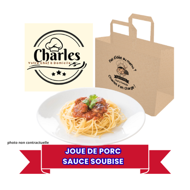 Joue de porc sauce Soubise pâtes au beurre - plat 1 personne