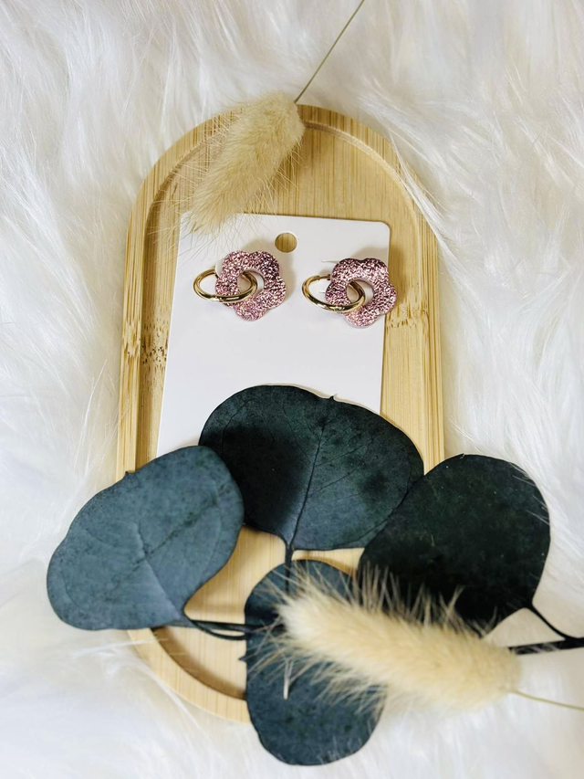 Boucles d'Oreilles Cuir recyclé - Fleurs Rose Clair