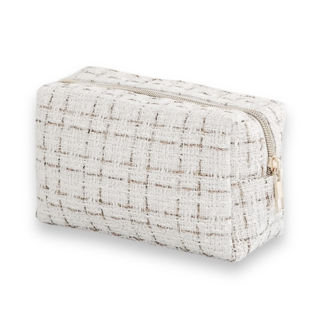 BEIGE- KOSMETIKTASCHE MIT GOLDENEM REIßVERSCHLUSS.