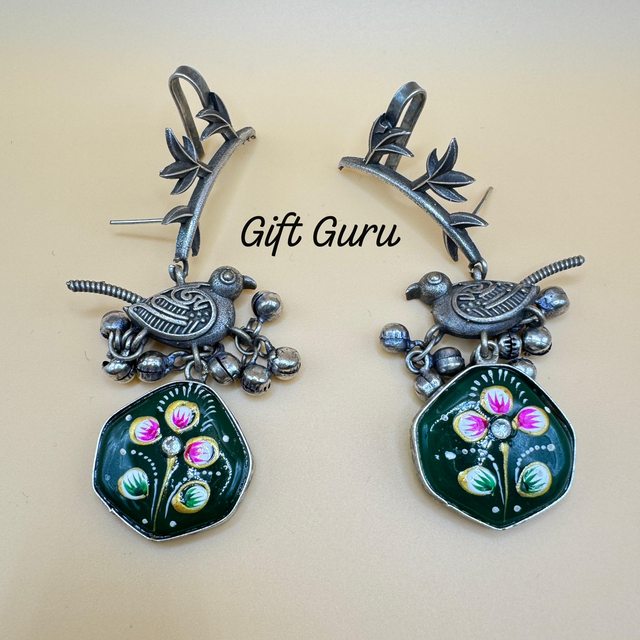 Oxidised ear rings with ear cuff Meenakari painting
