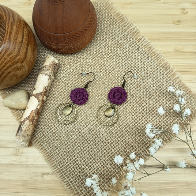 Parure aubergine et bronze - Boucles d&#039;oreille aubergine 2 anneaux