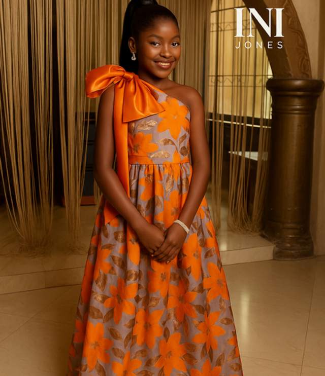 Orange Floral Damask One Shoulder Princess Girl Birthday Dress
