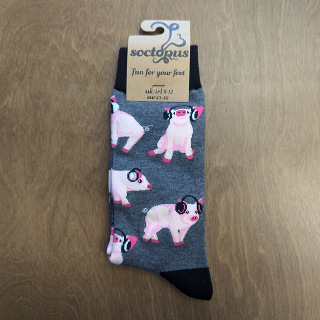Pig in Headphones Socks - Adult 9-12, Dark grey/Black