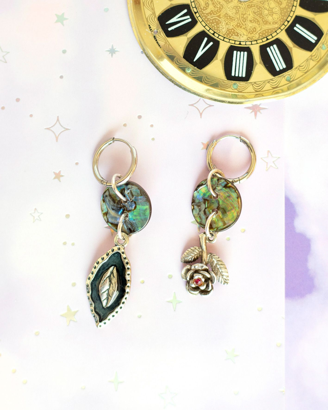 Boucles d'oreilles boutons en ormeau et pendentifs argentés
