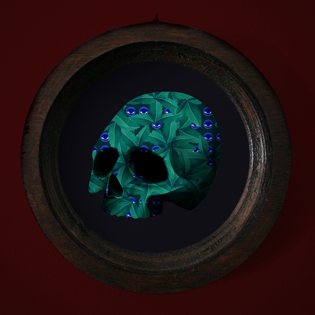 Cadre "Crâne imprimé feuillage et yeux bleus"