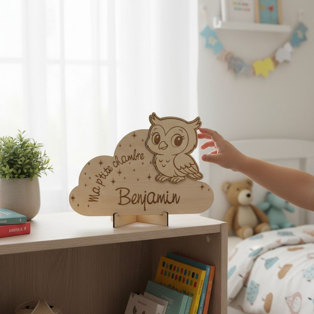 Plaque personnalisée pour chambre d'enfant, décoration de porte en bois gravé