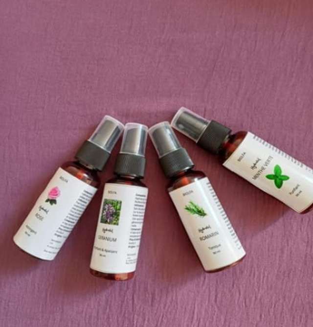 Pack Beauté Voyage : Hydrolats en Spray de Rose, Menthe Verte, Romarin, Géranium - Flacons pulvérisateurs de 50 mL