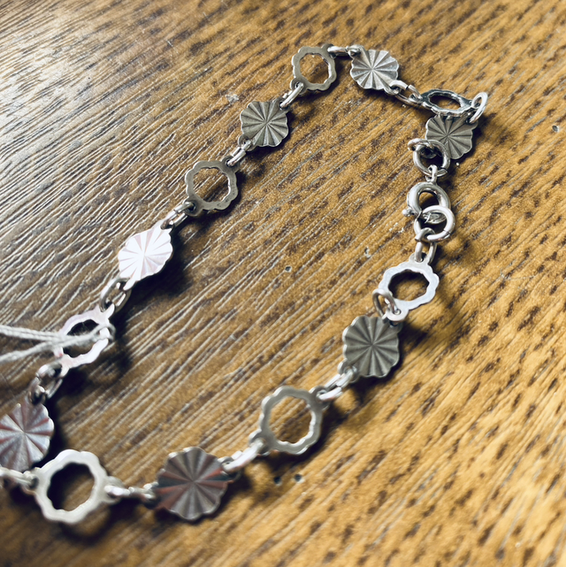 Octagonal Panels Silver Bracelet alternating Diamond Cut and open 7.5&quot;