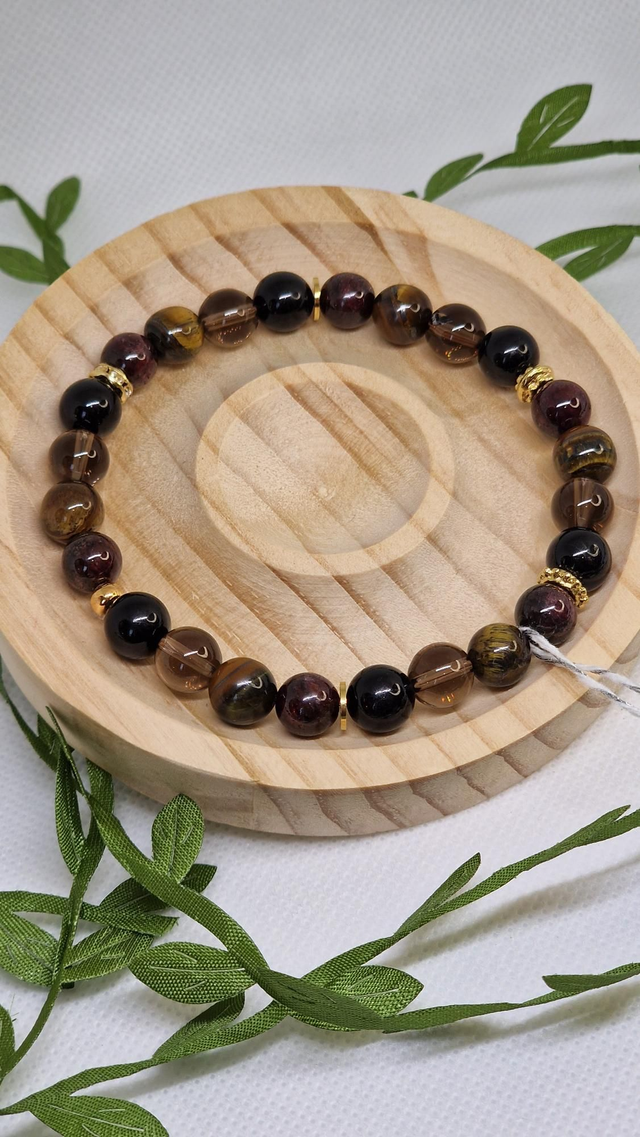 Bracelet Grenat, Quartz fumé, Tourmaline noire, Œil de tigre en 0,8 cm