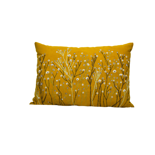 Embroidered Floral Cushion Mustard and White